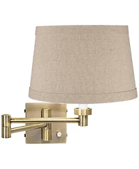 Barnes and Ivy Modern Swing Arm Wall Lamp Antique Brass Plug-In Light Fixture Natural Linen Drum Shade for Bedroom Bedside Reading