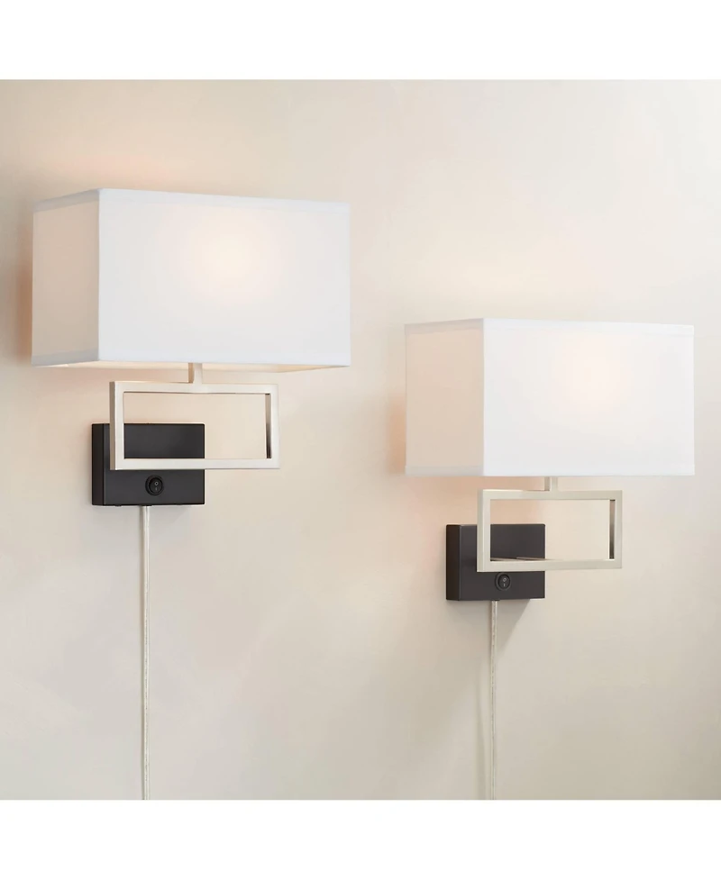 Possini Euro Design Trixie Modern Wall Lamps Set of 2 Smart Sockets Brushed Nickel Plug-In 12" Fixture Rectangular Shades for Bedroom