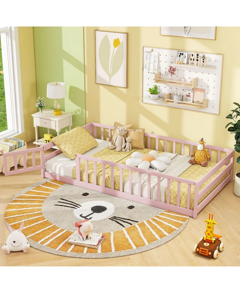 Gouun Twin Size Kids Montessori Floor Bed with Door and Protective Fence