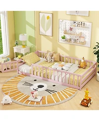 Gouun Twin Size Kids Montessori Floor Bed with Door and Protective Fence