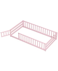 Gouun Twin Size Kids Montessori Floor Bed with Door and Protective Fence