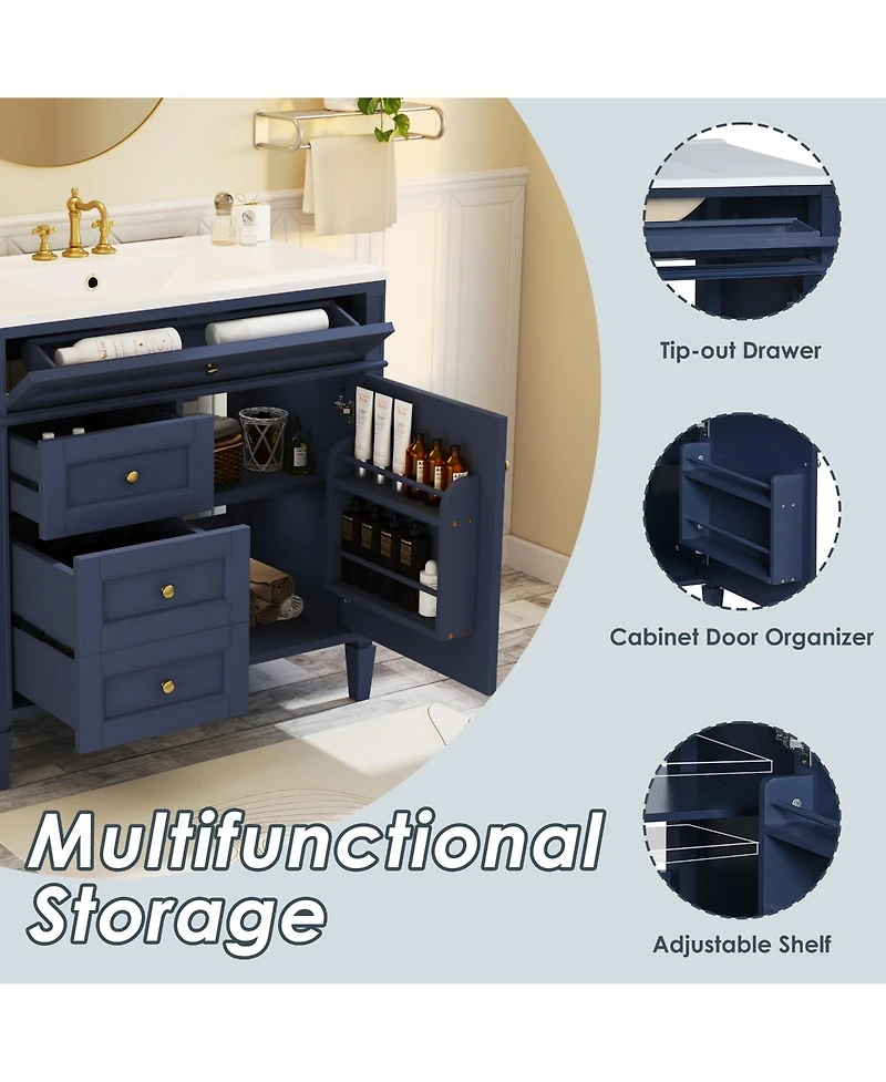Casainc 36" Bathroom Vanity with Top Sink, Single Sink Bathroom Storage Cabinet with 2 Drawers and Tip-Out Drawer