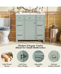Casainc 36" Bathroom Vanity with Ceramic Sink, Green, Solid Wood Frame, Soft Close Doors, Adjustable Shelves