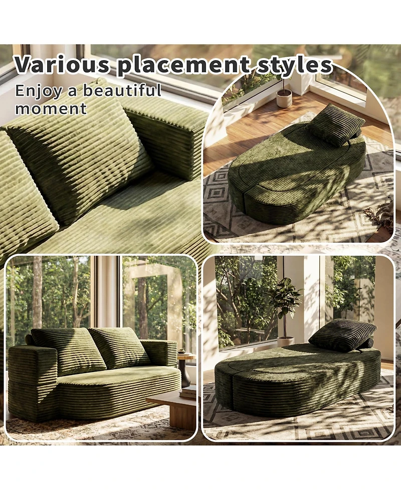 Rainsken 78.7" Floor Sofa Bed, Convertible Curved Couch Sleeper with Plush Corduroy Foam-Filled Cushions, Futon Loveseat for Living Room