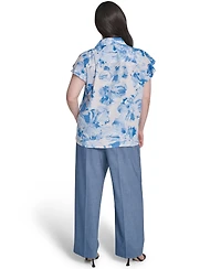 Calvin Klein Plus Cap-Sleeve Ruffle-Front Collared Top