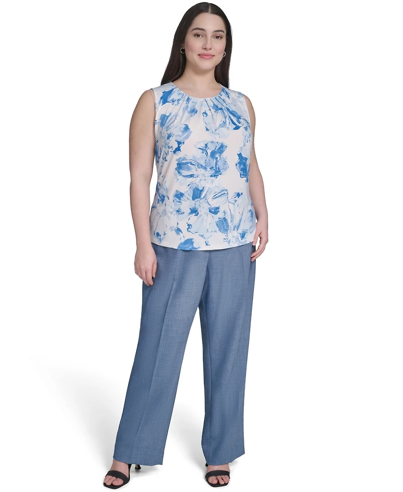 Calvin Klein Plus Printed Pleated Crewneck Camisole Top