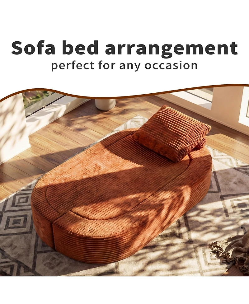 Rainsken 78.7" Convertible Curved Floor Sofa Bed, Plush Corduroy and Foam-Filled Sleeper Couch, Futon Loveseat for Living Room