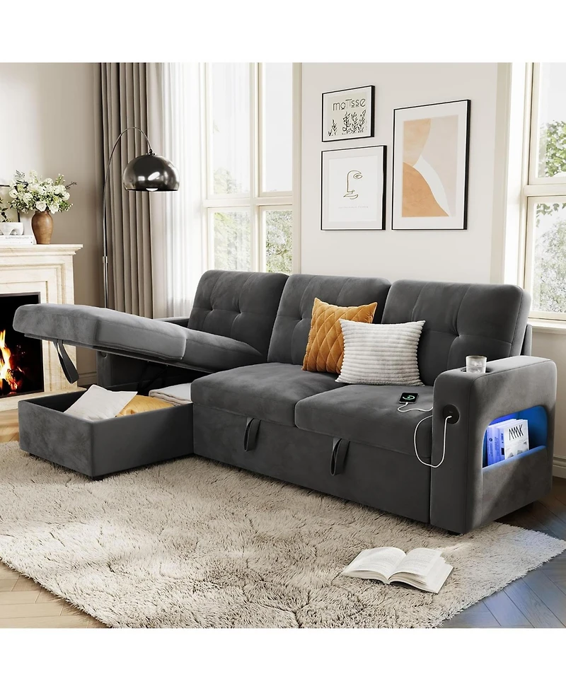 gaomon 84 in Sleeper Sofa Couch, L-Shaped Sofa, Convertible Pull Out Sofa Bed with Storage, Charging Station, Led Lights