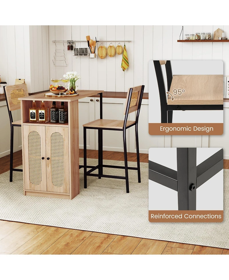 Gymax 3 Pcs Bar Table and Chairs Set w/ 2 Bar Stools and Storage Shelves Backrests
