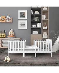 Sugift 2 in 1 Convertible Kids Wooden Bed Furniture with Guardrails