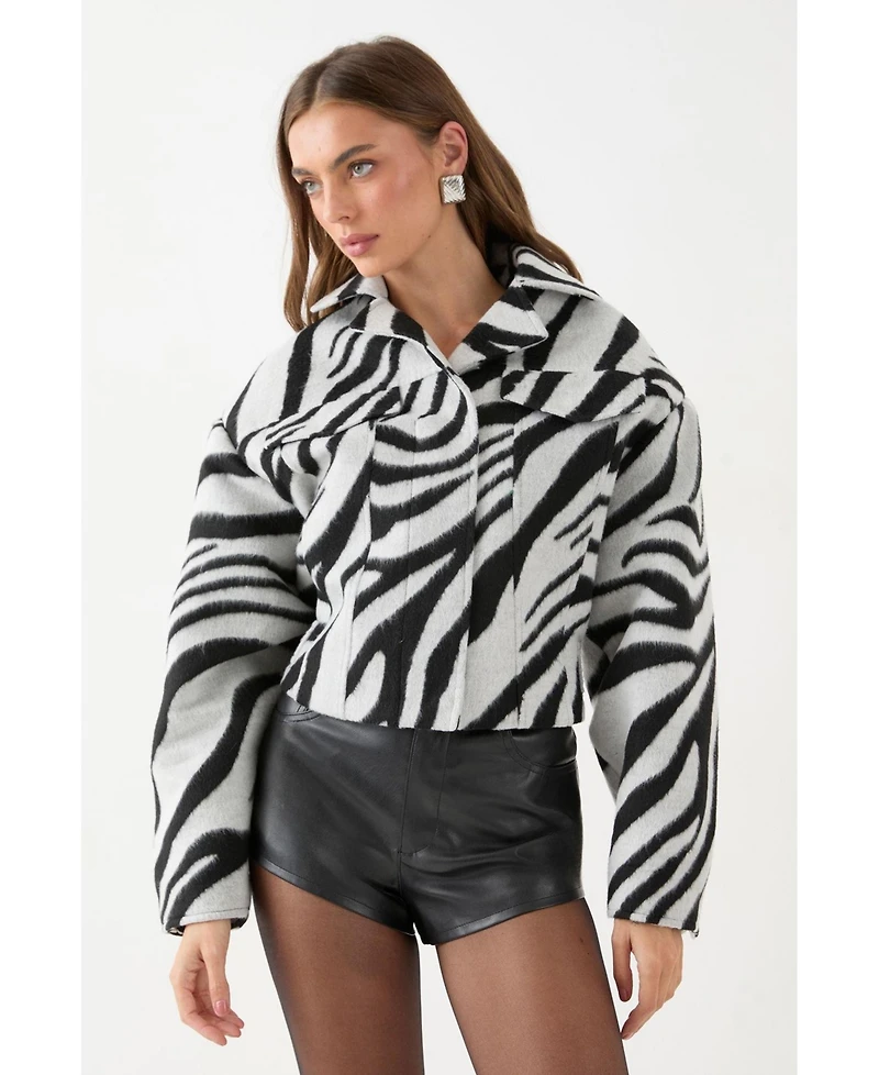 MissPap Women's Zebra Cropped Collared Jacket