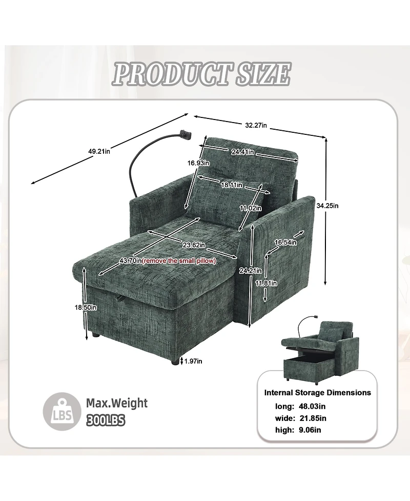 Rainsken Cozy Lazy Sofa Recliner Chair, Soft Chenille Upholstered Single Lounge with Storage, Side Pockets and Phone Holder for Living Room