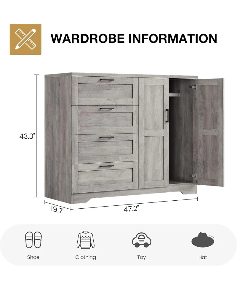 gaomon 43.3'' H Armoire Wardrobe Closet with 4 Drawers and 2 Doors, Hanging Rod, Multifunctional Wooden Dresser with Storage Closet