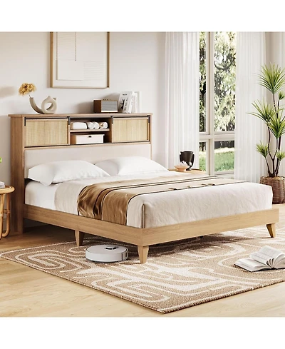 gaomon Rattan Frame with Storage Shelves and Headboard, Rattan Bed Frame with Sliding Door Shelf, Sturdy Wood Full Bed Foundation