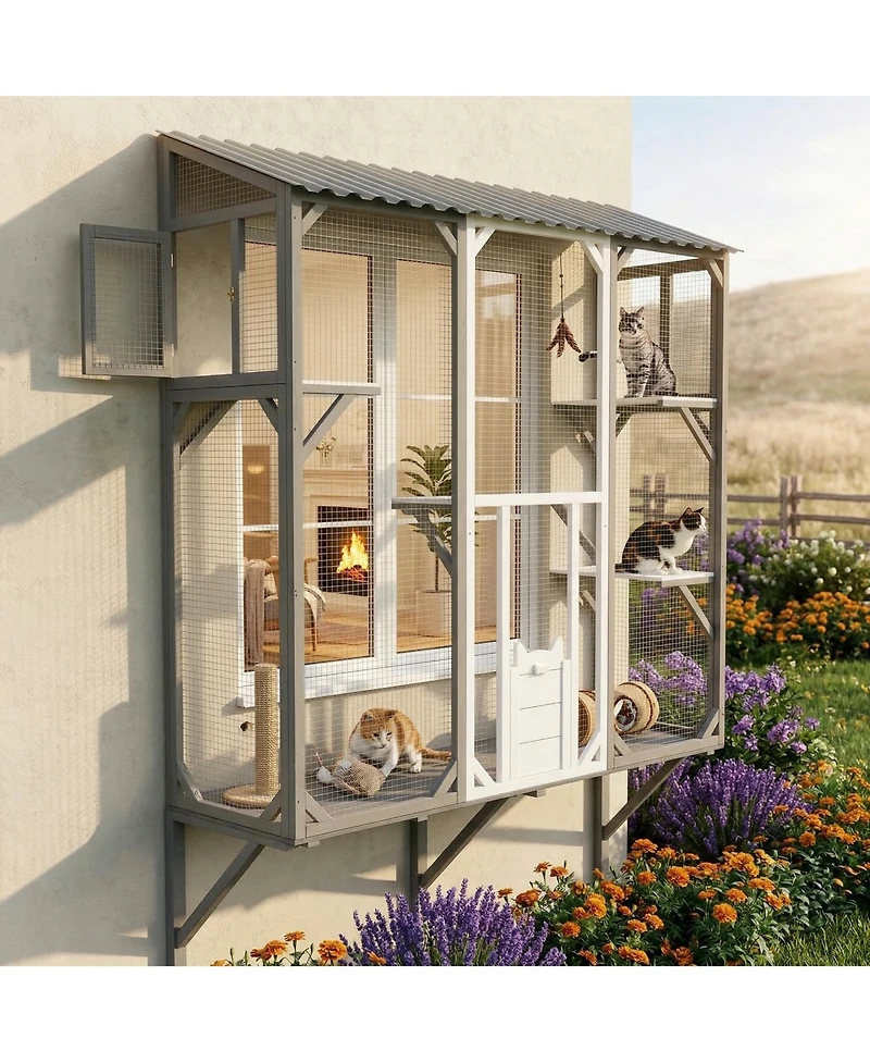 Zeus & Ruta Outdoor Cat Catio Enclosure Patio House With Platforms For 1-3 Cats