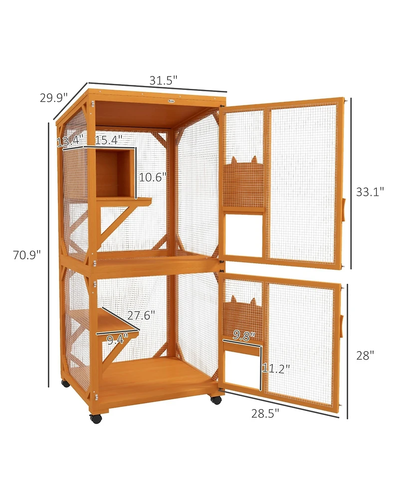Zeus & Ruta Large Cat Haven with Elevated Sleeping Platform, 71" Wooden Frame with Asphalt Roof, Indoor/Outdoor Enclosure with Wheels