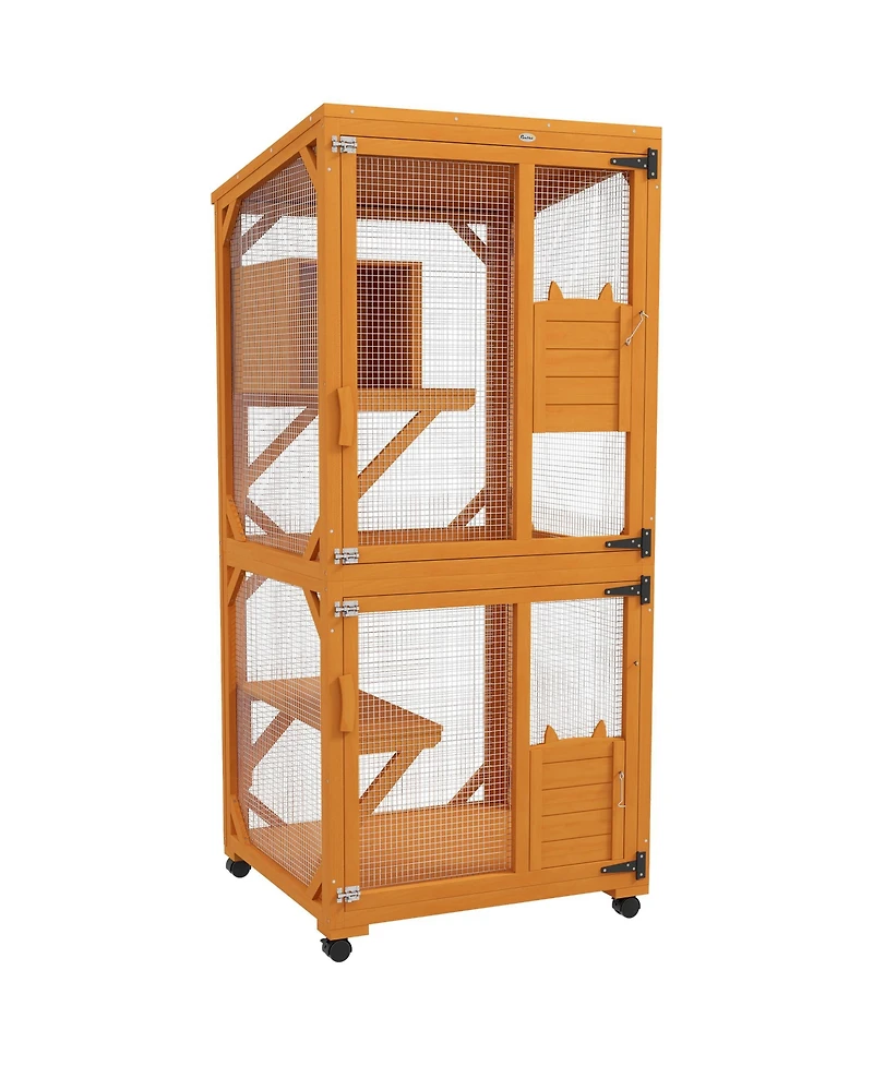 Zeus & Ruta Large Cat Haven with Elevated Sleeping Platform, 71" Wooden Frame with Asphalt Roof, Indoor/Outdoor Enclosure with Wheels