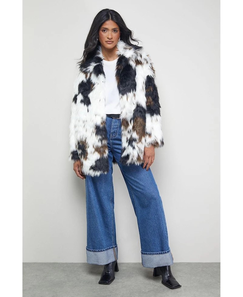 Warehouse Women's Premium Funnel Neck Mono Faux Fur Coat