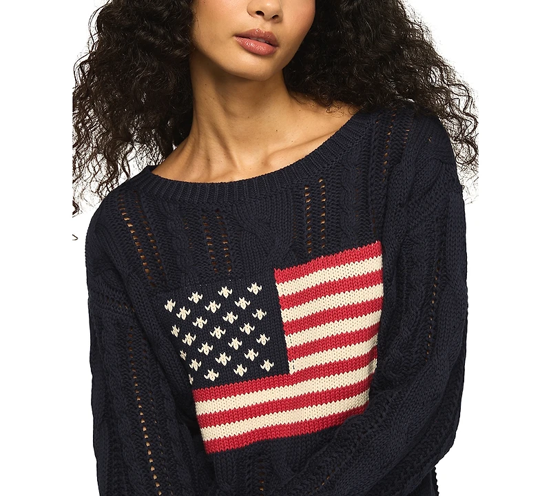 Lucky Brand Women's Americana Flag Cable Knit Crewneck Sweater