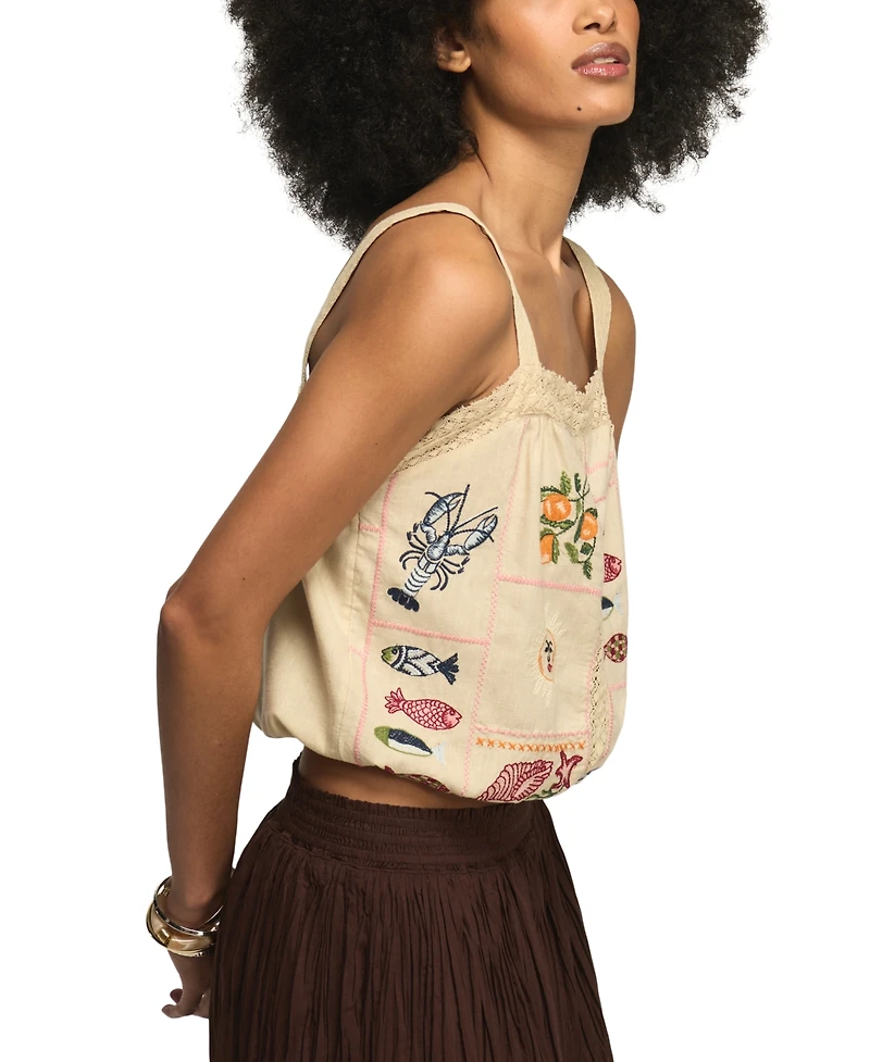 Lucky Brand Women's Ocean Embroidered Square Neck Bubble Top