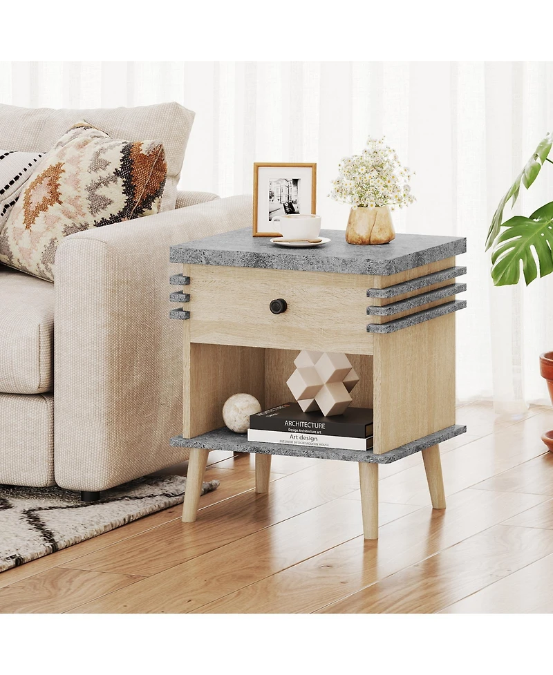 sumyeg 3-Tier Bedside Table Nightstand with Antique Grey Faux Marble Top
