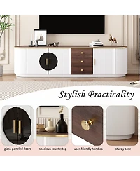 Rainsken Modern Tv Stand for TVs up to 80 Inches, Entertainment Center with 3 Drawers, 2 Cabinets and Metal Handles for Living room