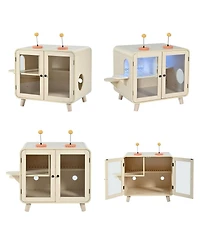 6thdruple Cat Pet House with Rgb Led Light, Glass Doors, Stairs, Hidden Litter Box Cabinet