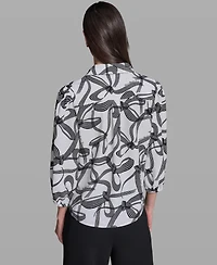 Karl Lagerfeld Paris Women's Bow Print Woven Collared Top