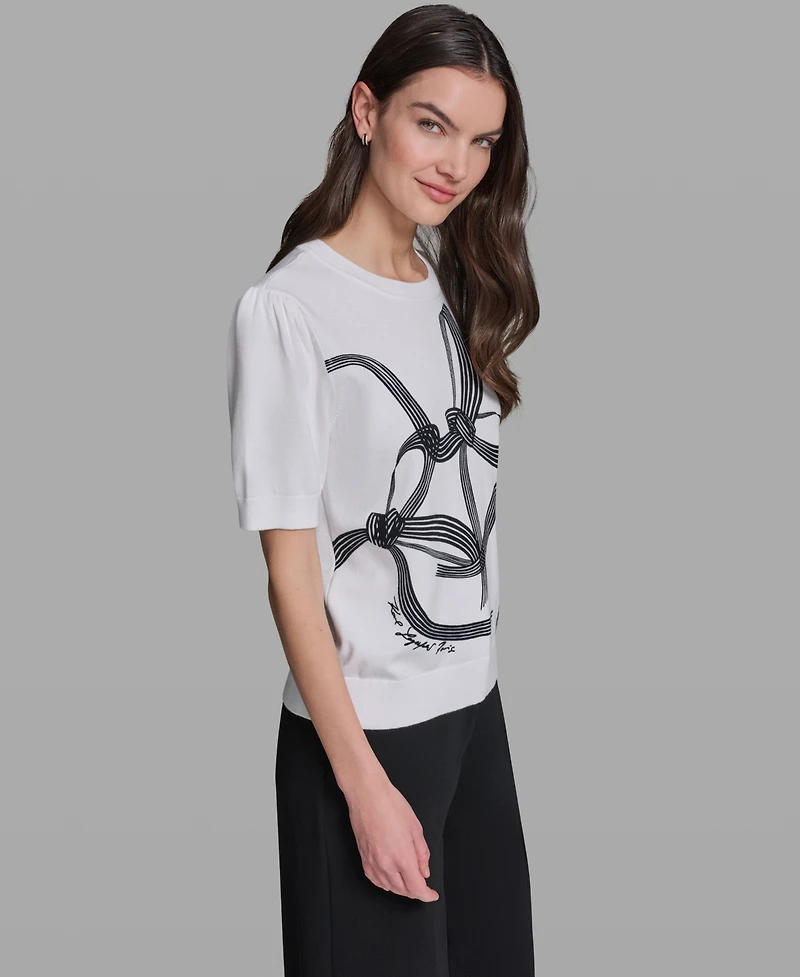 Karl Lagerfeld Paris Women's Bow Print Short-Sleeve Sweater