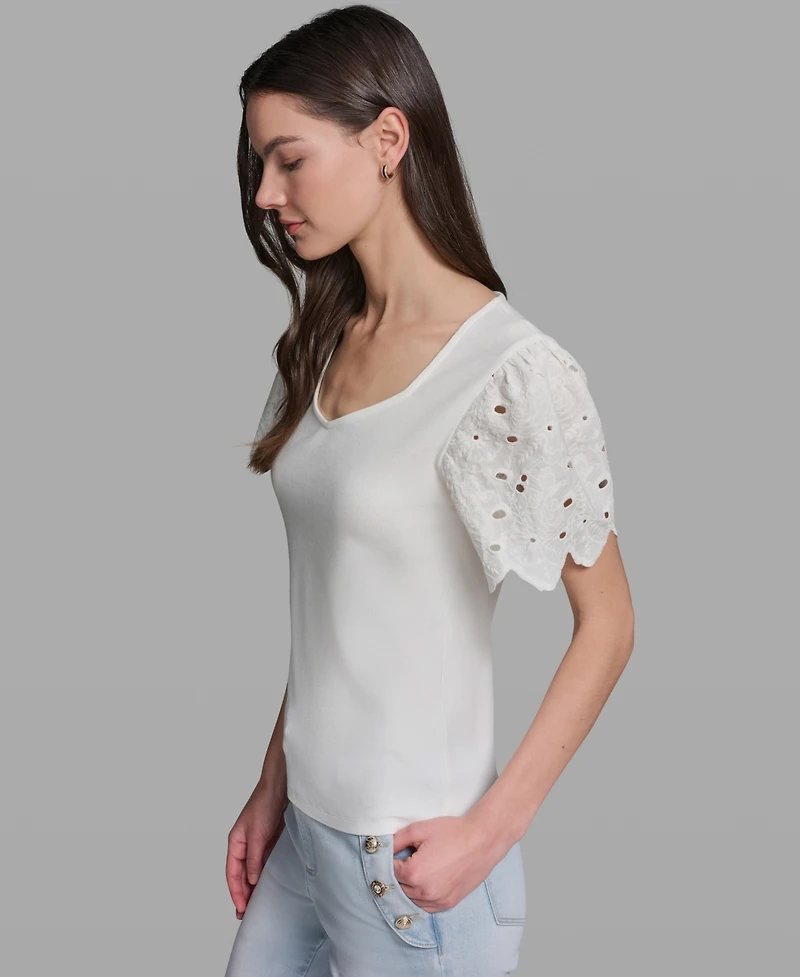 Karl Lagerfeld Paris Women's Eyelet Mix Media V-Neck Top