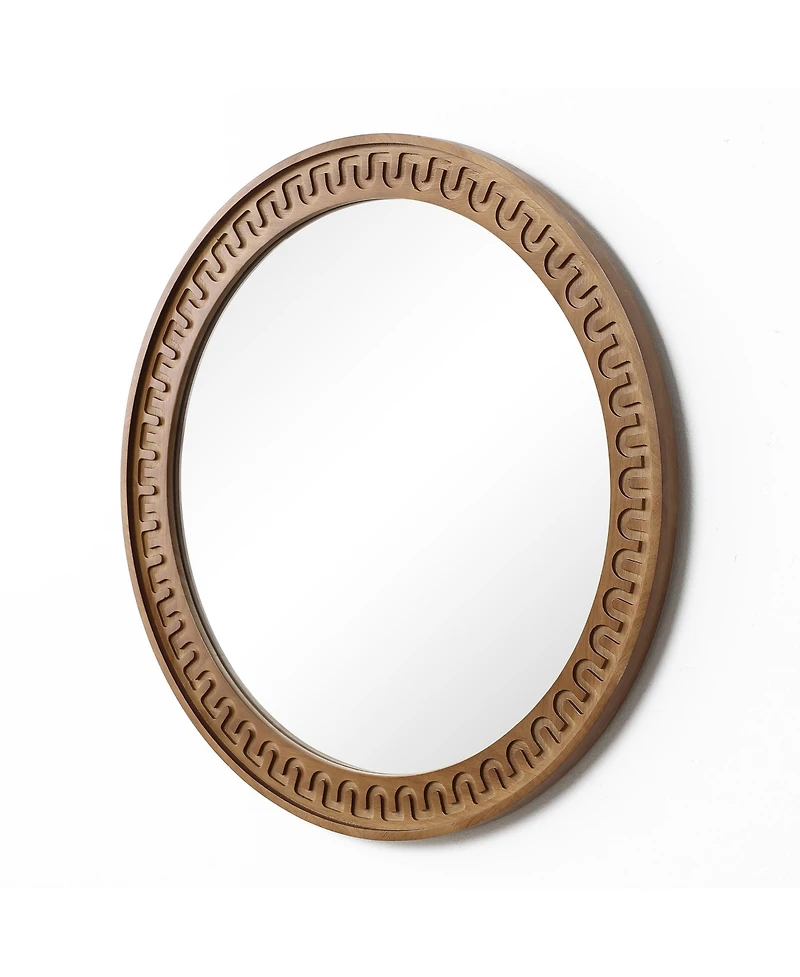 LuxenHome 25.8'' Round Wall Mirror, Carved Rubberwood Frame, Living Room Wall Accent