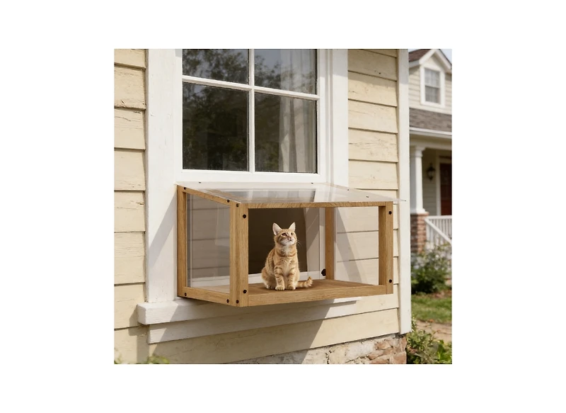 Zeus & Ruta Waterproof Window Cat Perch with Wooden Frame, Hanging Mount for Indoor Cats, Fits 24-35in Windows