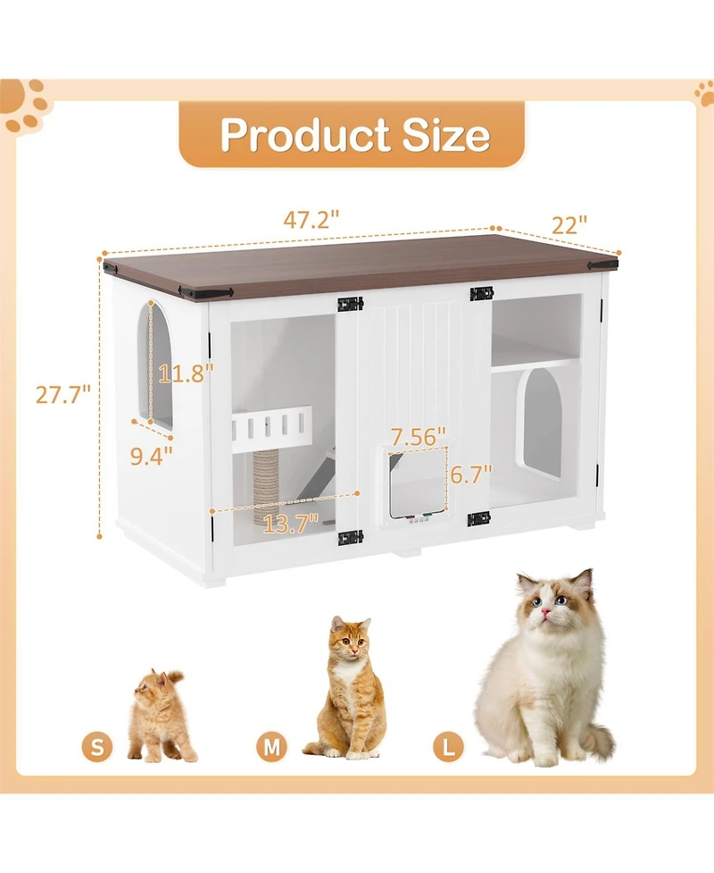 Zeus & Ruta 47.25" Led Light Litter Box Enclosure with Hidden Cat Furniture Cabinet, Stairway Scratching Post and Smart Doors