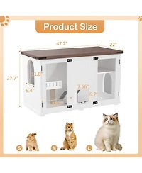 Zeus & Ruta 47.25" Led Light Litter Box Enclosure with Hidden Cat Furniture Cabinet, Stairway Scratching Post and Smart Doors