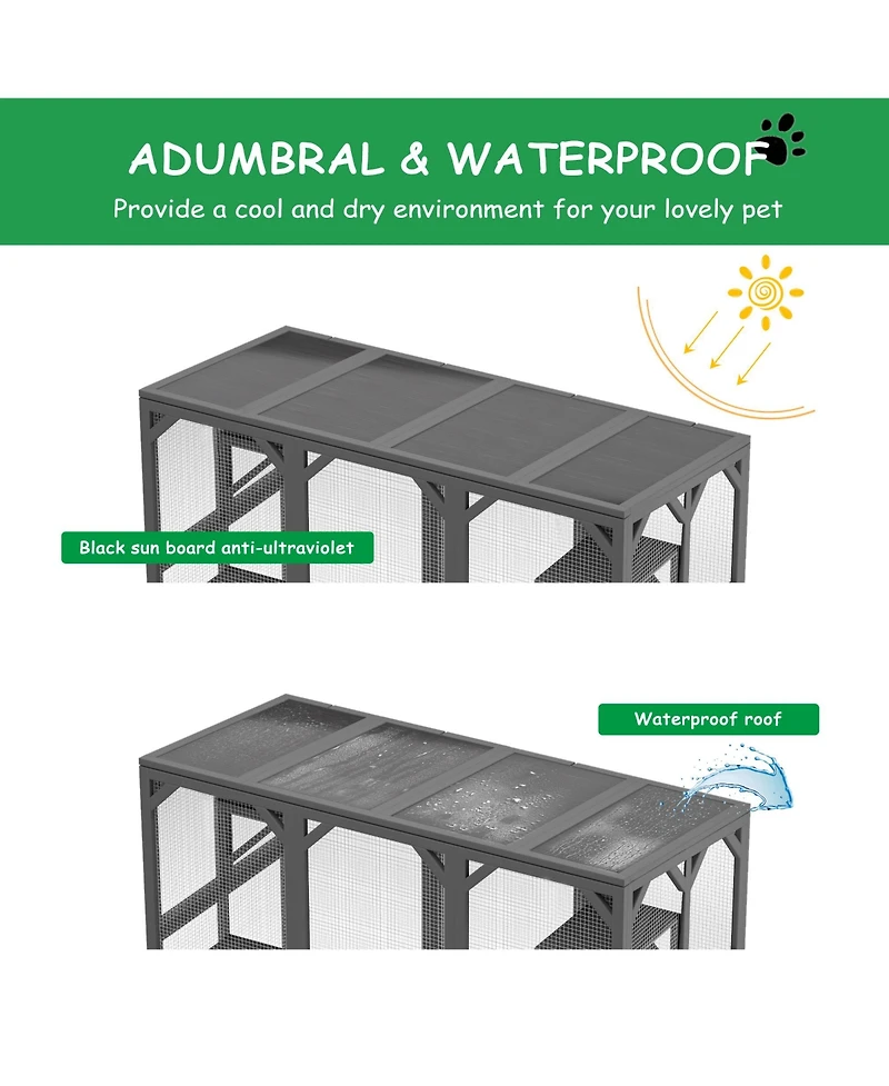 Zeus & Ruta Large Cat Haven with Elevated Sleeping Platform, 71" Wooden Frame with Asphalt Roof, Indoor/Outdoor Enclosure with Wheels