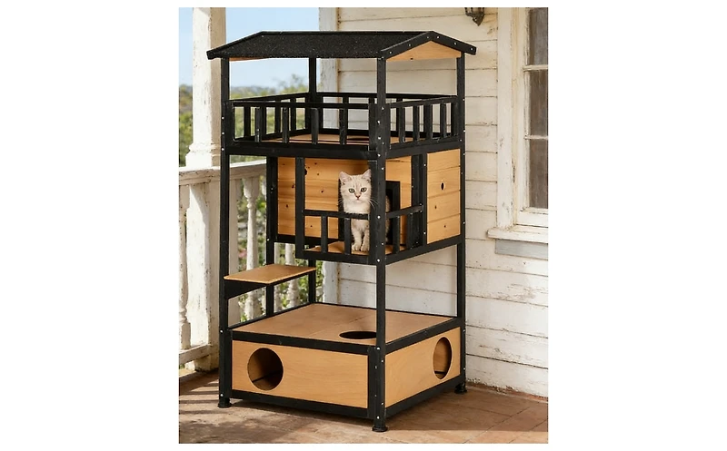 Zeus & Ruta Outdoor Multi-Cat Haven with Solid Wood, Asphalt Roof, Escape Doors, Condo Platform, Elevated Design