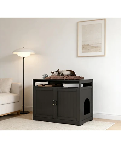 Zeus & Ruta Litter Box Enclosure with Hidden Plug 2 Doors Large Wooden Cat Washroom Bench