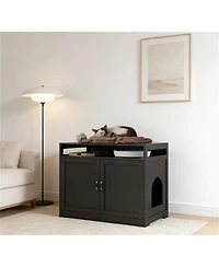 Zeus & Ruta Litter Box Enclosure with Hidden Plug 2 Doors Large Wooden Cat Washroom Bench