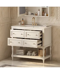 Busdays 36" Bathroom Vanity with Undermount Ceramic Sink, 4-Drawer Free Standing Cabinet, Solid Wood Frame,Finish