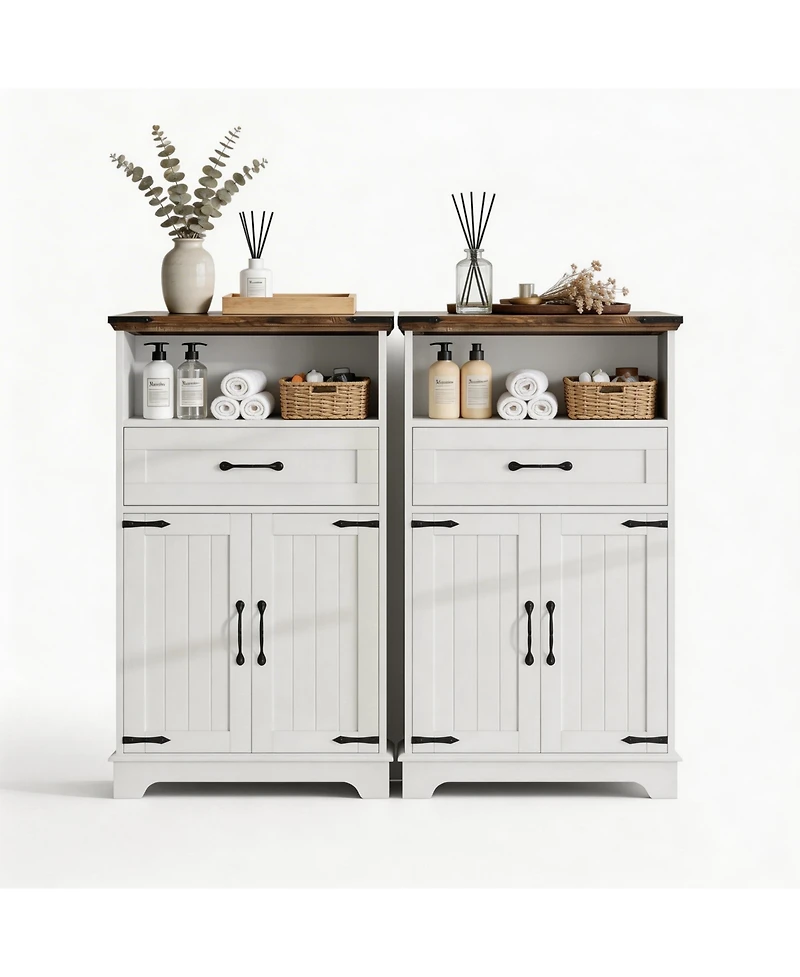 homfan Farmhouse Bathroom Cabinets Set of 2 - Wooden Furniture with Doors and Drawers - Freestanding Storage Unit for Bathroom, Kitchen, Living Room