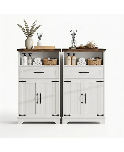 homfan Farmhouse Bathroom Cabinets Set of 2 - Wooden Furniture with Doors and Drawers - Freestanding Storage Unit for Bathroom, Kitchen, Living Room