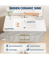 homfan Bathroom Cabinet with Sink Combo, Floating Vanity Ceramic Basin, 2 Large Drawers Gold Handle, Soft-Close Design