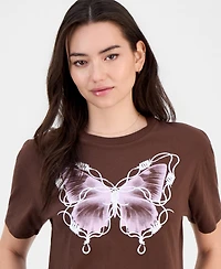 Rebellious One Juniors' Barbed Wire Butterfly Graphic T-Shirt