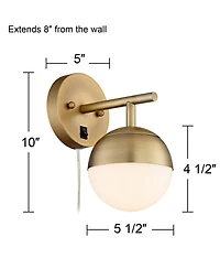 360 Lighting Luna Modern Wall Lamps Set of 2 Brass Metal Plug-in Light Fixture Frosted Glass Shade for Bedroom Reading Living Room Hallway Home