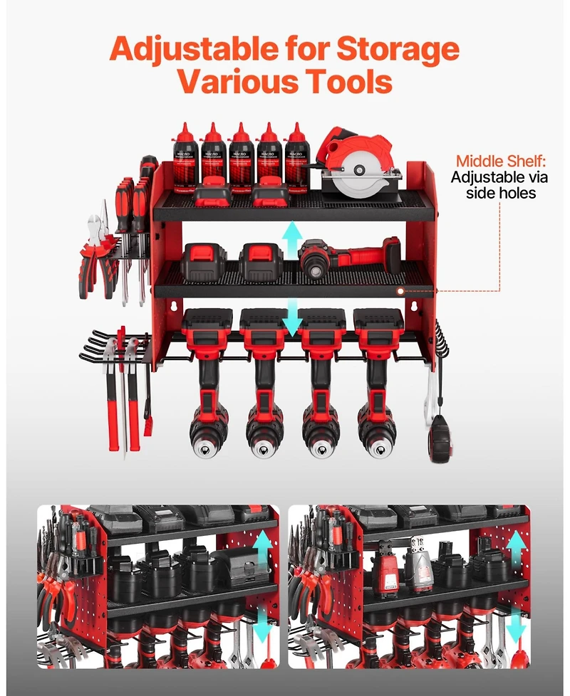 Mecale Wall-Mount Power Tool Organizer, 3-Tier Storage Rack with 4 Drill Holders, Side Pegboards, Garage Tool Storage Rack