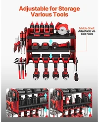 Mecale Wall-Mount Power Tool Organizer, 3-Tier Storage Rack with 4 Drill Holders, Side Pegboards, Garage Tool Storage Rack