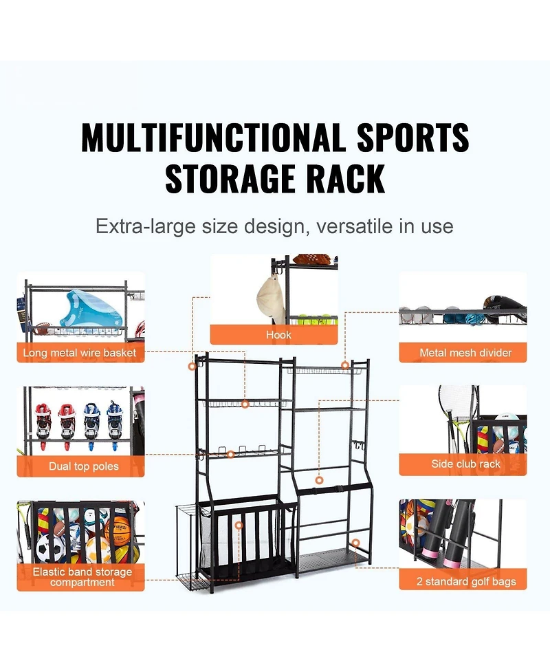 Mecale Golf Storage Organizer with 2 Golf Bag Holders, Baskets and Hooks, Steel Sports Equipment Storage Rack for Garage