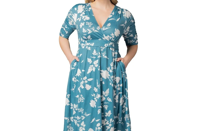 Kiyonna Plus Gabriella Ruched Sleeve Midi Dress with Pockets