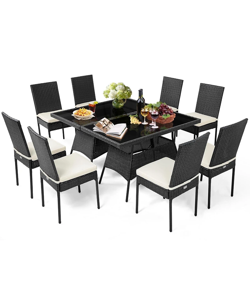 Gymax 10PCS Rattan Dining Set Cushioned Chair Table w/ Glass Top Furniture Patio