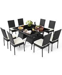 Gymax 10PCS Rattan Dining Set Cushioned Chair Table w/ Glass Top Furniture Patio